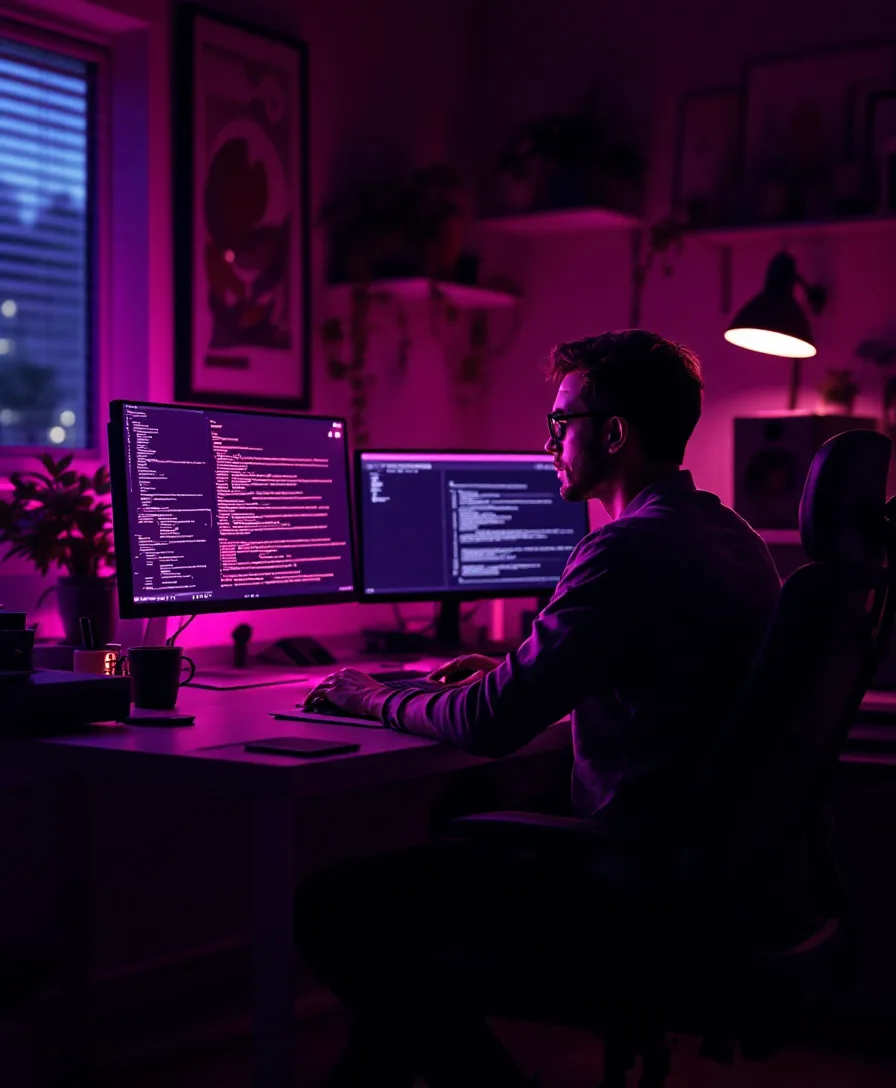 Nightjar's founder at work, lit by the glow of two monitors